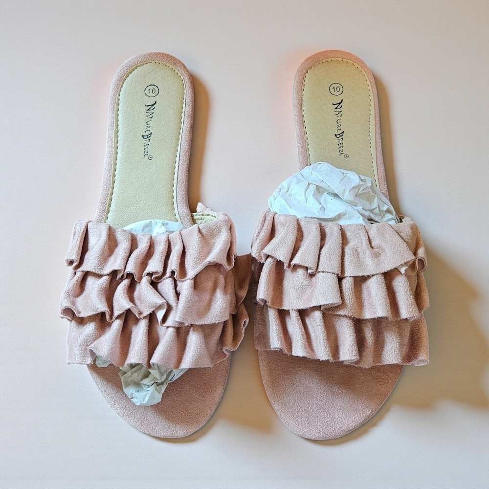 Nature Breeze Rolin-01 Pink Faux Suede Ruffle Slide Sandals Womens Size 7.5 NEW - Picture 2 of 4